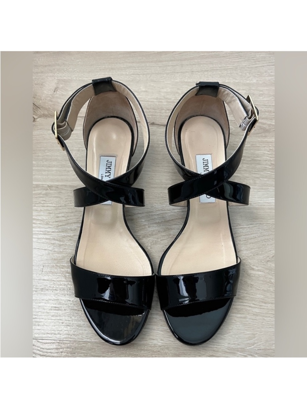 JIMMY CHOO Chiara Black Patent Leather Wedge Ankle-Strap Sandals